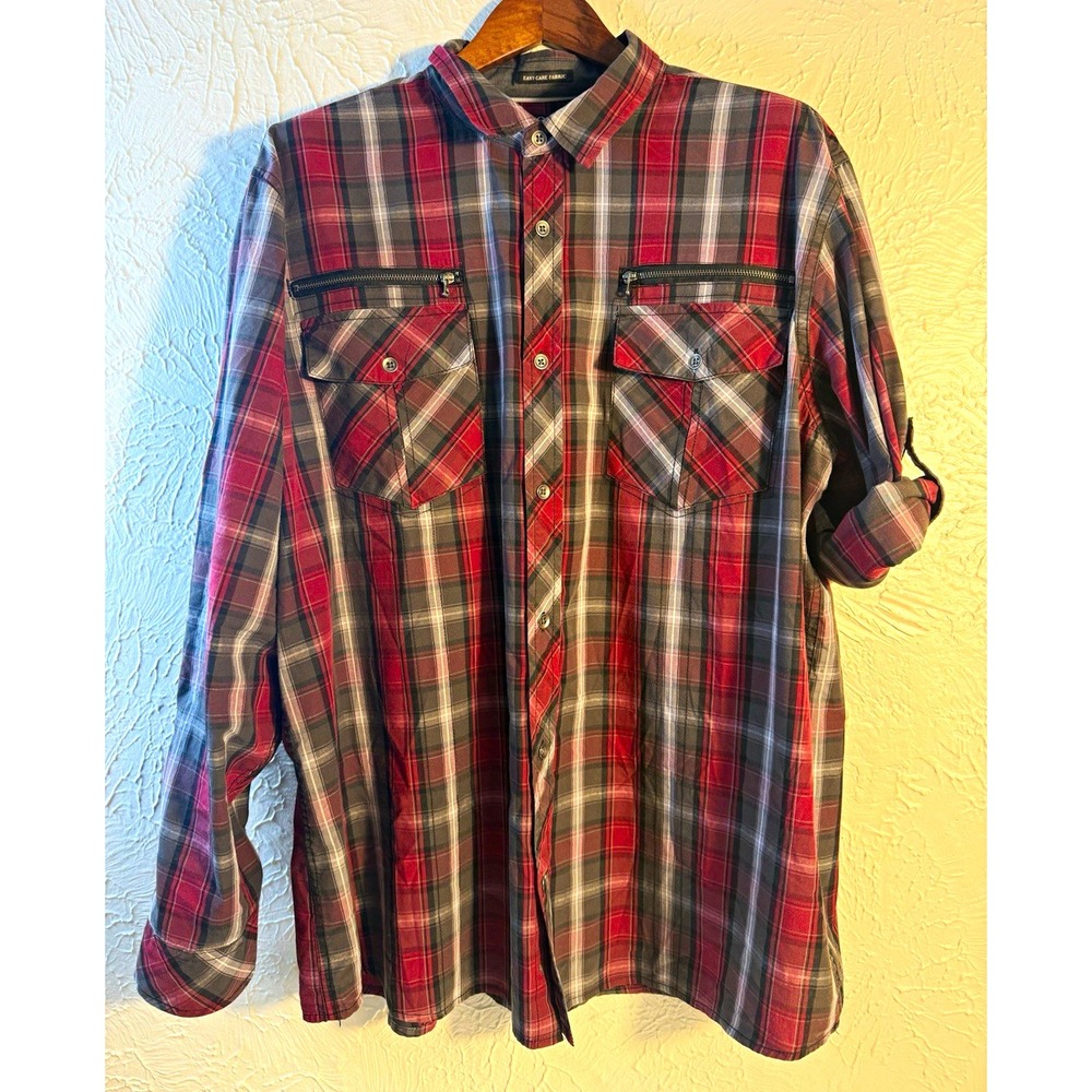 Rock & Republic Men's XXL Plaid Button-Up Shirt Red Gray Black Long Sleeve Fall